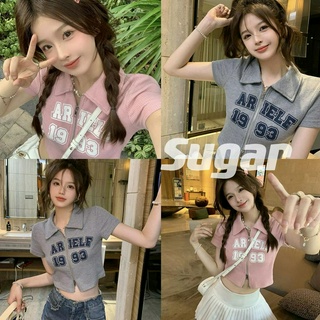 Sugar 🌈พร้อมส่ง🌈เสื้อตาข่าย แขนสั้นคอปก รูดซิป ผ้าไม่คันใส่สบาย เซ็กซี่เกร๋ๆ(M5502)