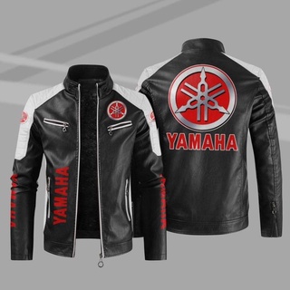 เสื้อแจ็กเก็ตหนัง PU พิมพ์ลายโลโก้รถยนต์ Yamaha ขนาดใหญ่ ให้ความอบอุ่น สไตล์ยุโรป และอเมริกา สําหรับผู้ชาย