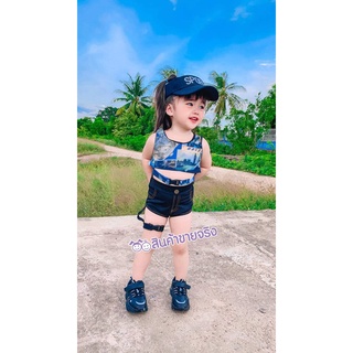 SS09/💜พร้อมส่ง💜ชุดเด็กผู้หญิง เสื้อ+กางเกง เสื้อซีทรูแต่งคาด มาพร้อมกับกางเกงยีนส์ สั้น แซ่บ