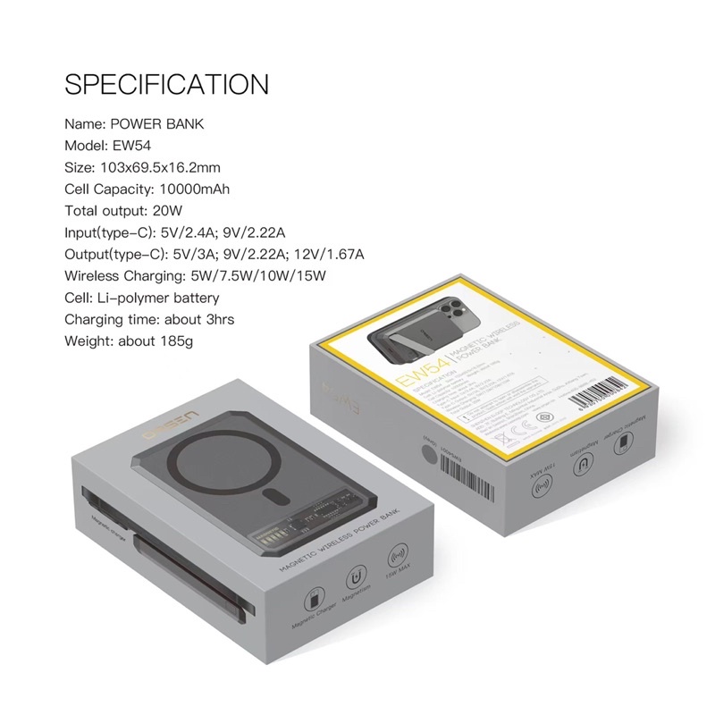 Eloop ORSEN EW54 Magnetic 10000mAh EW50-4200mah แบตสำรอง ไร้สาย Power Bank พาวเวอร์แบงค์ ของแท้