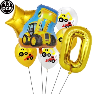 Gold 0-9 Digital Birthday Balloon Set Cartoon Bulldozer Construction Vehicle Pentagram Aluminum Foil Number Balloon Children Gift Toys Birthday Festival Party Decoration Supplies