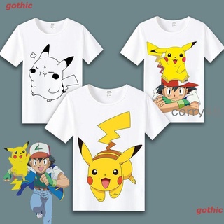 เสื้อยืดยอดนิยม Pikachu เสื้อยืดแขนสั้นลายการ์ตูน Pokemon สําหรับผู้ชายและผู้หญิง Mens Womens T-shirts เสื้อขาว