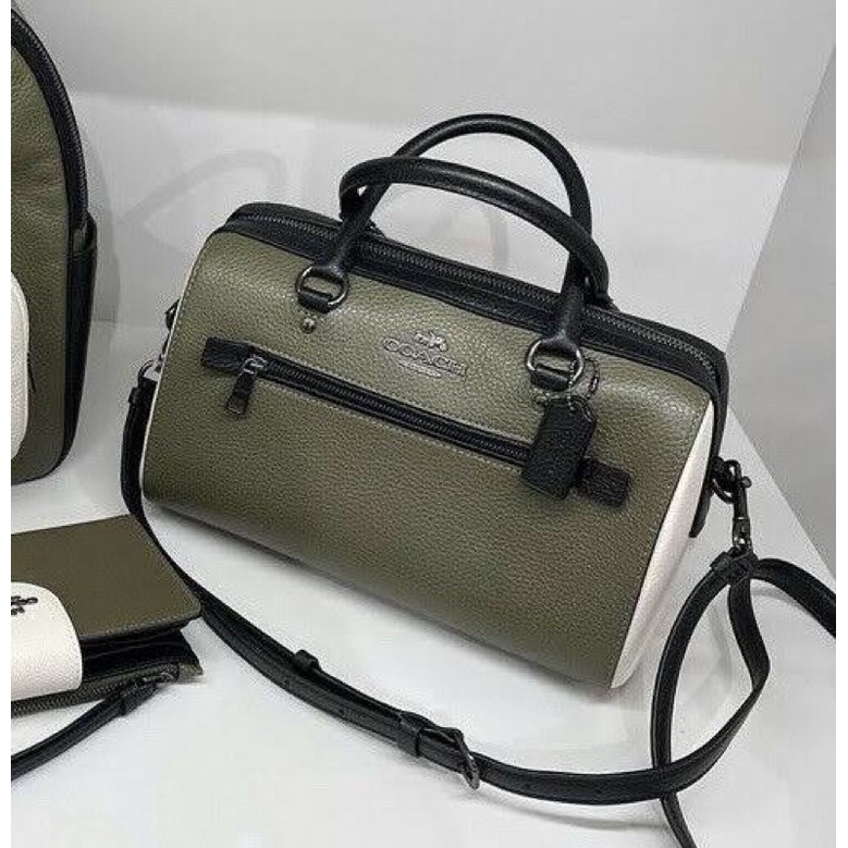 (ผ่อน0%) กระเป๋าสะพายข้าง ทรงหมอน ROWAN SATCHEL IN COLORBLOCK (COACH 3075) หนังวัว สีเขียวขี้ม้า ขาว