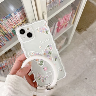 เคสป้องกันโทรศัพท์มือถือ tpu ลายผีเสื้อ และดอกไม้ พร้อมสายคล้อง สําหรับ Apple Iphone 13 14promax 678plus xs xr 11 12mini