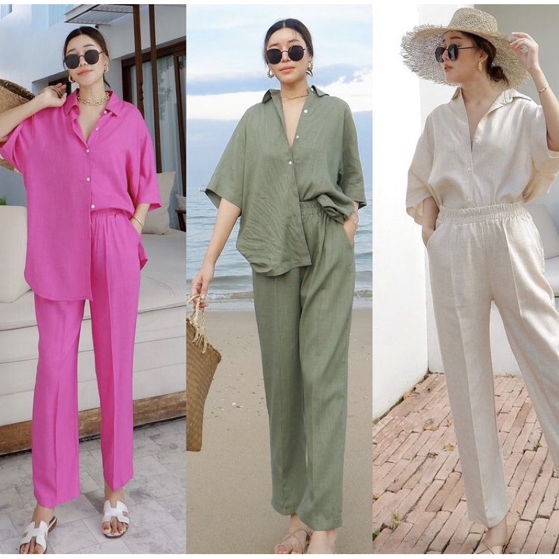 ลินินเซต ชุดเซทลินิน ใส่ไปทะเล ใส่เที่ยว เนื้อผ้าอย่างดี ใส่สบาย ชุดเสื้อ+กางเกงขายาว