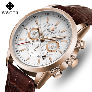 Wwoor นาฬิกาข้อมือควอตซ์แฟชั่น สายหนัง กันน้ํา สําหรับบุรุษ Chronograph Relojes Hombre-8845