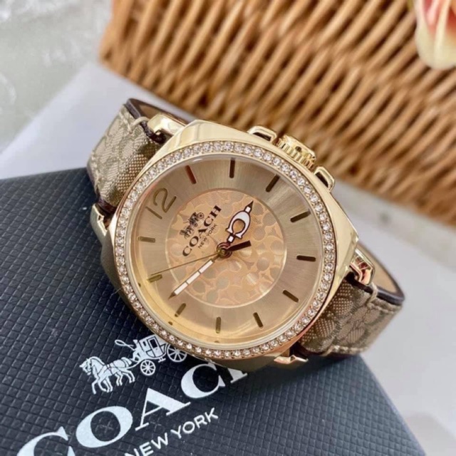 (ผ่อน0%) นาฬิกา Coach Womens 14503150 BOYFRIEND Signature Brown Gold Tone Watch สายลายC สีน้ำตาล ตัว