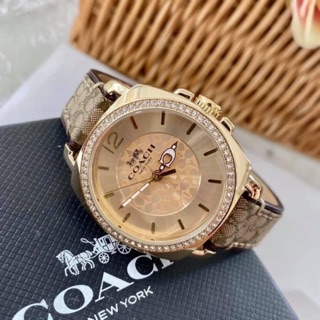 (ผ่อน0%) นาฬิกา Coach Womens 14503150 BOYFRIEND Signature Brown Gold Tone Watch สายลายC สีน้ำตาล ตัวเรือนสีทอง 34 มม.