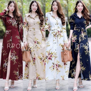 Maxi dress ปกเชิ้ตลายกุหลาบ  ติดดระดุมด้านหน้าเปิดได้ มึเชือกผูกเอว  สวยหรูไฮโซสุดๆ งานผ้าโฟเวย์พิมลาย