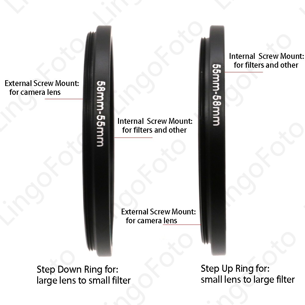 Step Down Ring Set, 8 Pieces Anodized Black Metal Lens Filter Step Down