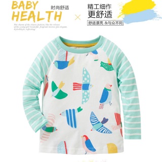 เสื้อแขนยาวเด็ก ลายนกสีเขียว ผ้านิ่ม