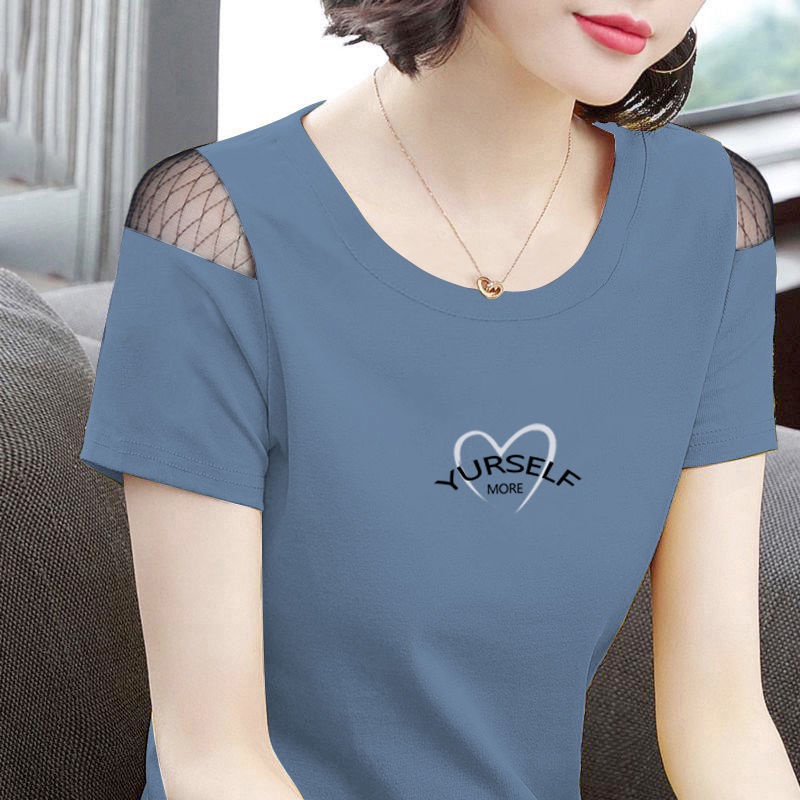 เสื้อยืดแขนสั้น ผ้าตาข่าย ขนาดใหญ่ ปักลาย แฟชั่นฤดูร้อน สไตล์เกาหลี สําหรับผู้หญิง