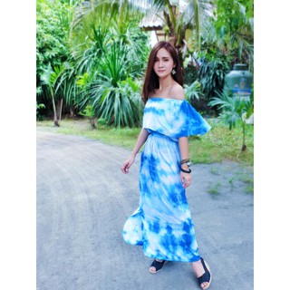 เดรสมัดย้อมยาว เปิดไหล่ สีฟ้า ลายหยก(AssoCat)