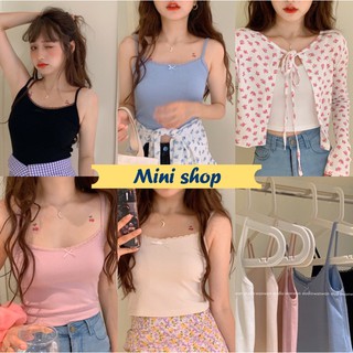 Mini Shop🌸 พร้อมส่ง(0523) เสื้อสายเดี่ยวสุดคิ้วท์ ดีเทลโบว์เล็กๆตรงอก