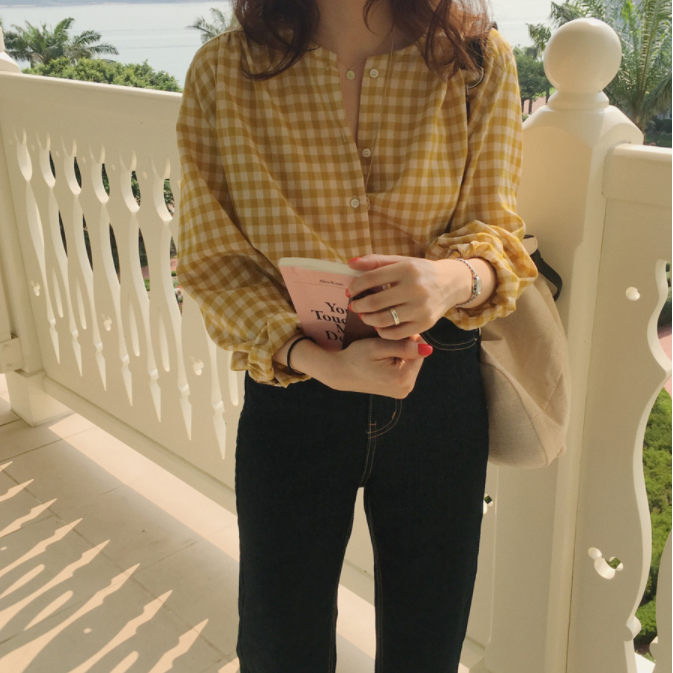 miss.th👉🔥เสื้อสีเหลืองทรงหลวมลายสก๊อต เสื้อเชิ้ตผู้หญิง เชิ้ตแฟชั่นเกาหลี เสื้อทำงาน