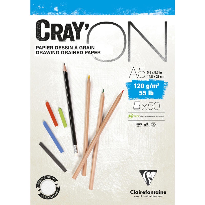 Clairefontaine กระดาษวาดเขียนสองหน้า ผิวกึ่งหยาบและเรียบ 120 แกรม A5 Cray'ON A5 Glued pad 50sh 120g 975019C