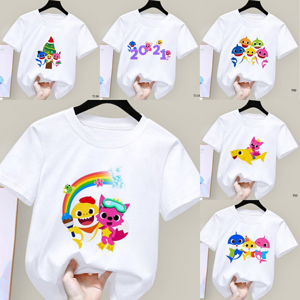 เสื้อยืดลําลอง ลายการ์ตูนฉลาม Doo Doo Doo สีชมพู สําหรับเด็กผู้ชาย ผู้หญิง อายุ 1-12 ปี