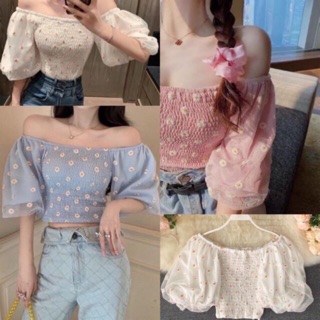 🌼พร้อมส่ง ฮิตมาก🌈เสื้อครอป ลายดอกเดซี่🌼🌼