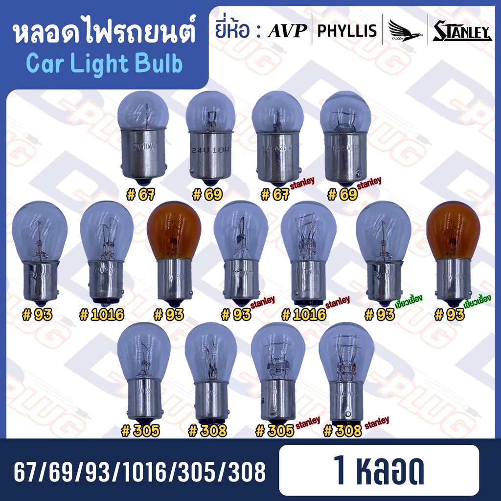 หลอดไฟรถยนต์ ไฟหรี่ ไฟเลี้ยว ไฟถอย 67 / 69 / 93 / 1016 / 305 / 308【1 หลอด】