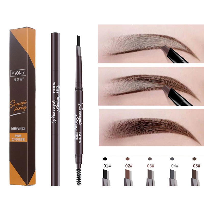 Myonly  eyebrow pencil + eyebrow brush auto-rotating eyebrow pencil triangle double-headed makeup cosmetic waterproof, sweat-proof long-lasting and no smudging