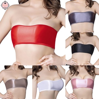 Ladies Oily Gloss Tube Strapless Elastic Stretch Bra Crop Top Tight Underwear