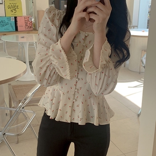 เสื้อลําลองสําหรับสตรี ผ้าชีฟอง แขนยาว ลายดอกไม้ ทรงสลิม