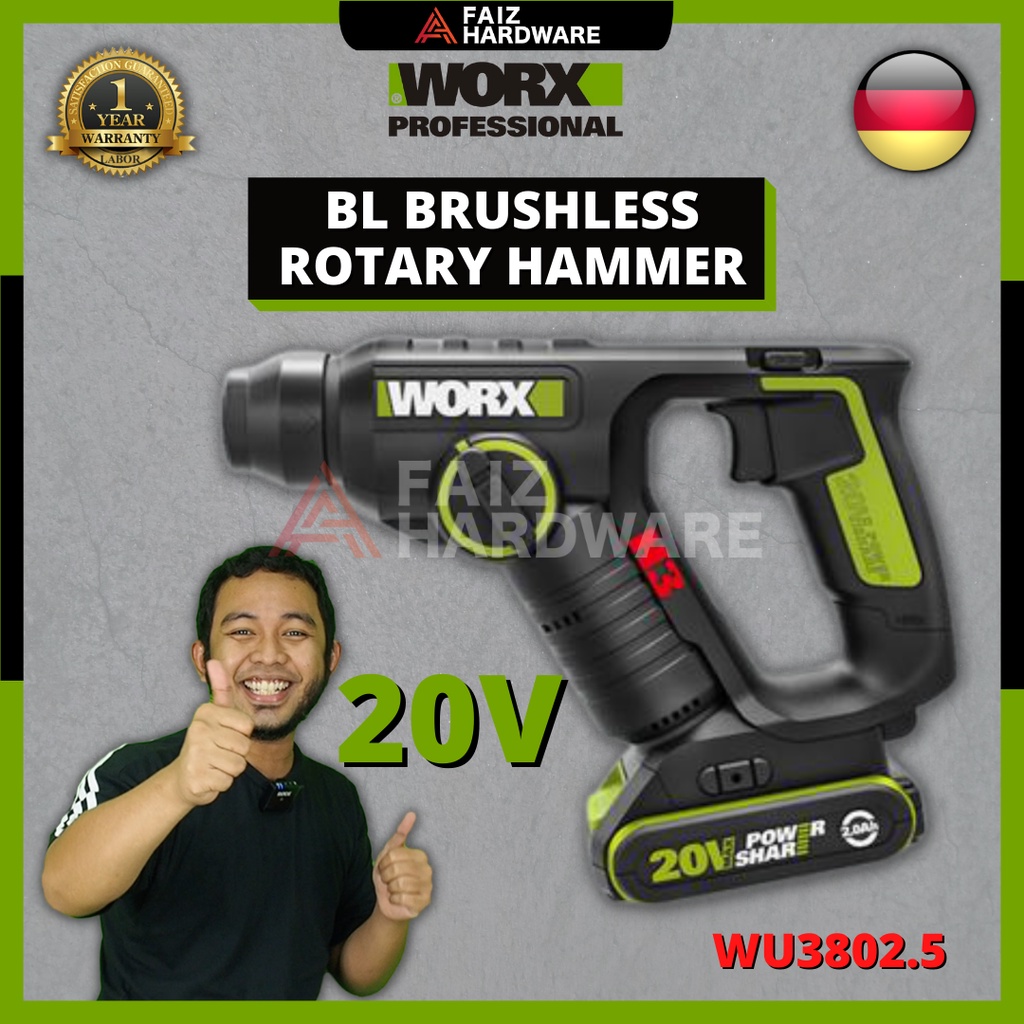 WORX WU380S.5 20mm 20V BL ค้อนโรตารีไร้แปรงถ่าน - ค้อน 3-in-1 ไขควงและสว่าน