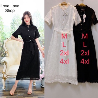 เดรสดำออกงาน!!! M-4XL Maxi Dress เดรสสีดำปักดอกไม้กระดุมหน้า+สายผูกเอว งานป้าย Love love