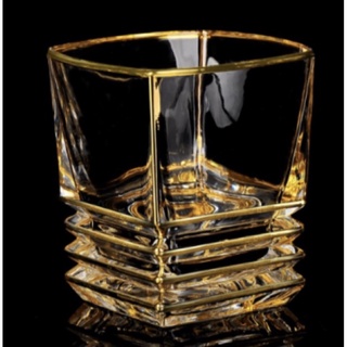 square shape crystal clear glass rock whisky tumbler cup with golden line painted แก้ววิสกี้สีทอง แก้วนำ้คริสตัลสีทอง