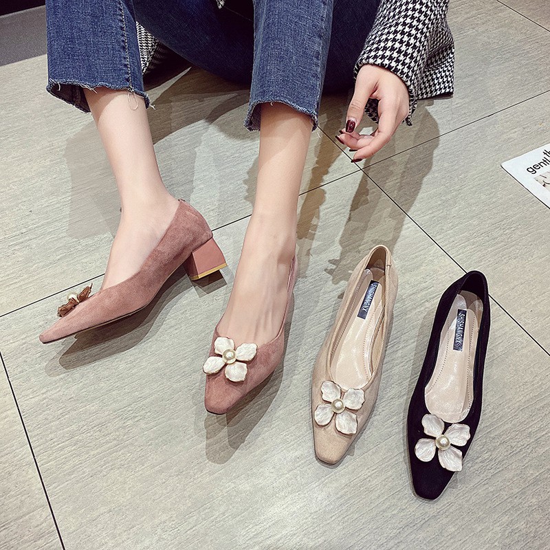 Sl812-ขนาด 35 ถึง 39-BLACK/BEIGE/PINK-RIGHT TO KNOW SUEDE 4CM FLOWER DECORATION-IMPORTED รองเท้าผู้ห