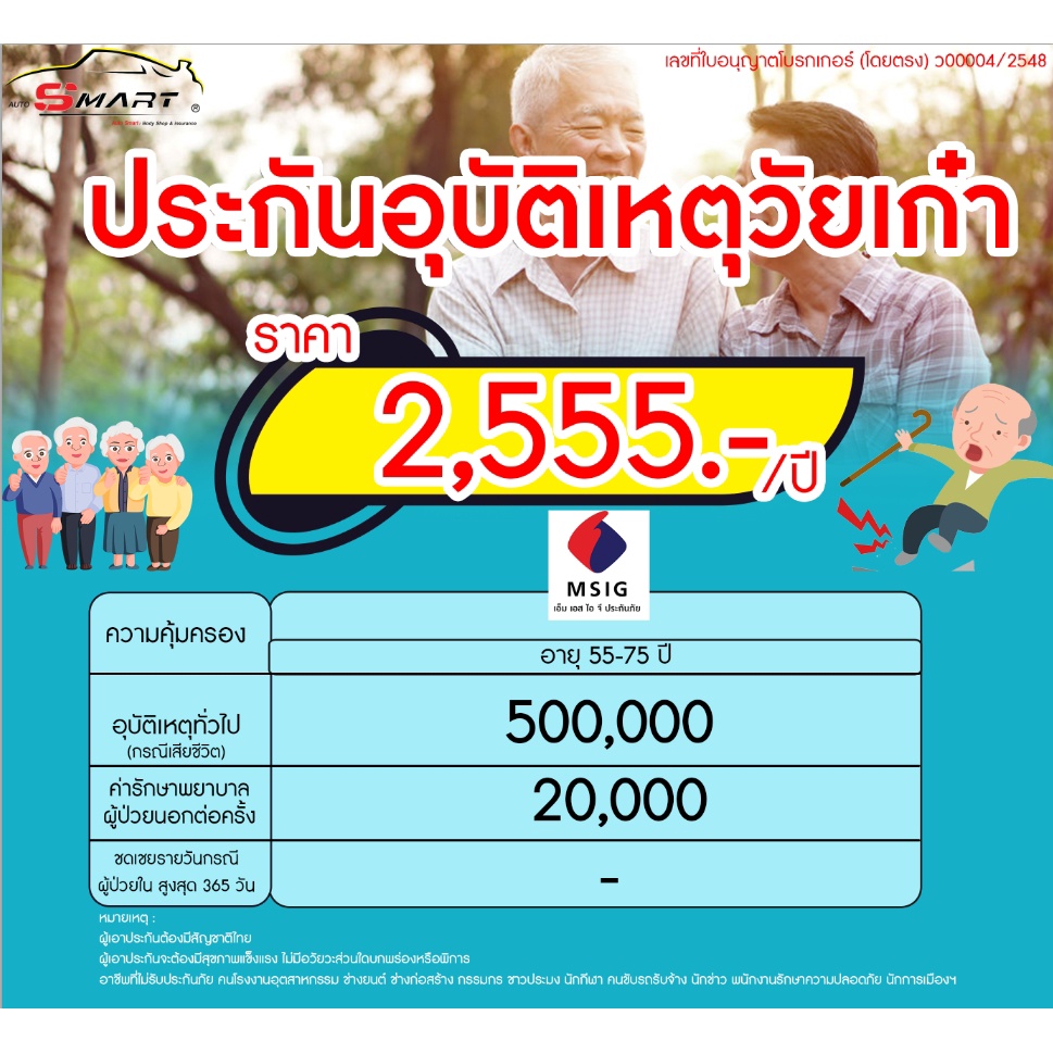 ประกันอุบัติเหตุสูงวัย เริ่มต้น 1,555.-ต่อปี ประกันอุบัติเหตุ วัยสูงอายุ วัยเก๋า  ราคาดี ไม่มีบวกเพิ่ม