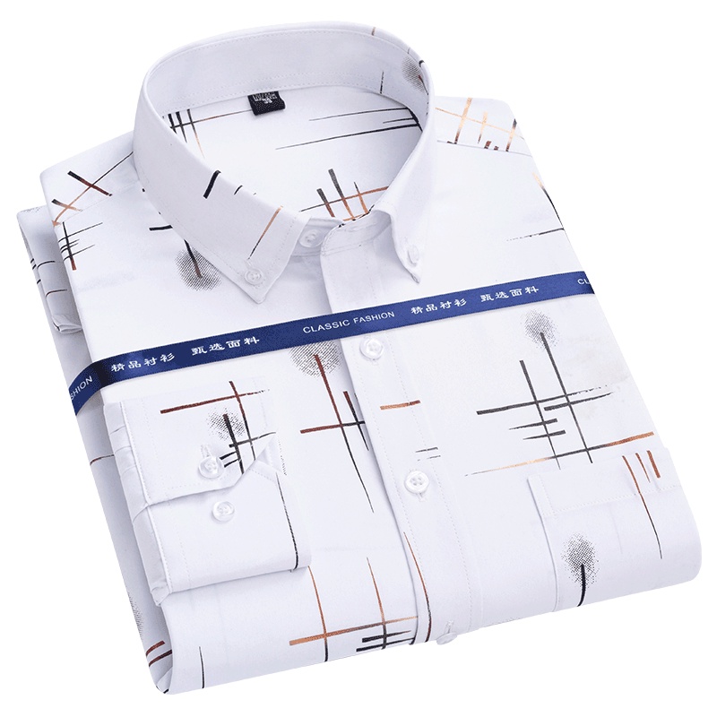 Casual พิมพ์ Non Iron Middle Old Man Social เสื้อแขนยาว Regular Fit Soft สบายเสื้อผู้ชาย