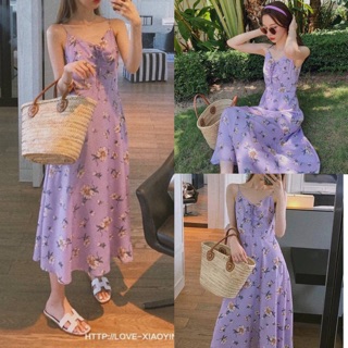 ชุดเดรส‼️พร้อมส่ง 💜New in Maxi dressตัวยาวสีม่วงพาสเทลลายดอกไม้ ตัวนี้ใส่สวยมากก แต่งเดรฟตรงหน่าอก พร้อมเชือกผูกมินิ