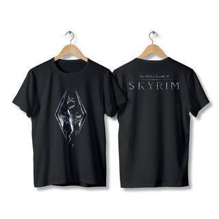 HH Skyrim เสื้อยืด cotton 100% ลายโลโก้มังกรสีขาวและดำ เสื้อยืดผ้าฝ้าย