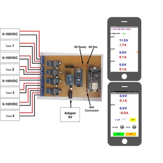 บอร์ด DataLogger 0-100VDC 0-30A 4 Channels มอนิเตอร์ผ่านแอฟ บันทึกค่าลง SD Card