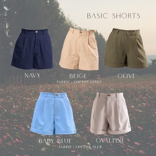 All Time Best Selling!! Needs.everyday - กางเกงขาสั้น รุ่น BASIC Shorts เอวสูง ผ้าคอตตอนสลาฟ (สี Ovaltine / Baby Blue)