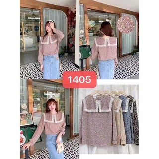 เสื้อผู้หญิงแขนยาวปกตกแต่งลูกไม้ ลายดอกไม้
