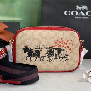 (ผ่อน0%) กระเป๋าสะพายข้าง COACH LUNAR NEW YEAR JES CROSSBODY IN SIGNATURE CANVAS C2180 ลายซี ลายรถม้า 2 ซิป สายสปอร์ต