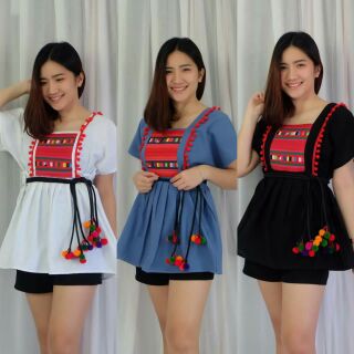 เสื้อพื้นเมืองน่ารักสดใสมัดข้างเข้ารูปสวย (ทักแชทสอบถามก่อน)