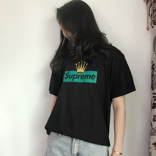 เสื้อยืดคอกลม แขนสั้น พิมพ์ลายโลโก้มงกุฎ ตัวอักษร Supreme สําหรับผู้ชาย และผู้หญิง