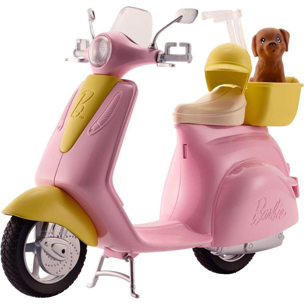 Barbie Pink &amp; Yellow Scooter Moped with Puppy &amp; Helmet เฟอร์นิเจอร์บ้านตุ๊กตา ตุ๊กตาบาร์บี้ รุ่น FRP56