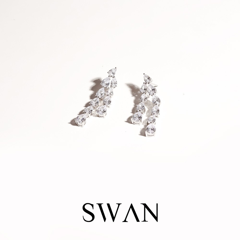[ส่งด่วนฟรี]SWAN - Rain Drop Earring ต่างหูเงินแท้ ต่างหูระย้า  ฝังเพชรคิวบิกเซอร์โคเนีย