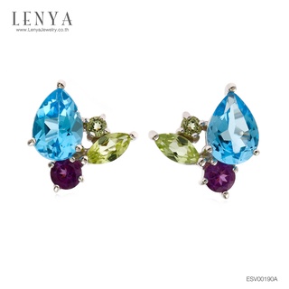 Lenya Jewelry ต่างหูเงินแท้ 925 ประดับพลอยโทแพซสีฟ้าทรงหยดน้ำ ประดับตกแต่งด้วยพลอยสีเขียว เพอริดอท และสีม่วง อเมทิสต์