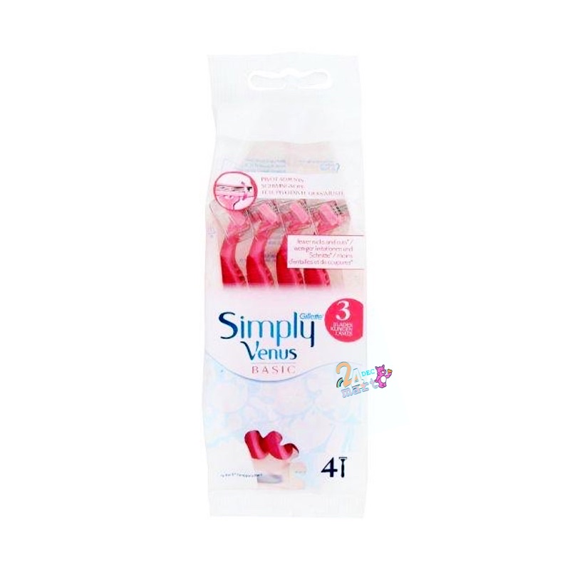 (แพ็คเกจใหม่ ตามภาพ 2) Gillette Simply Venus ยิลเลตต์ ซิมพลี วีนัส ทรี เบสิค ใบมีด 3 ชั้น แพ็ค 4 (Pink)