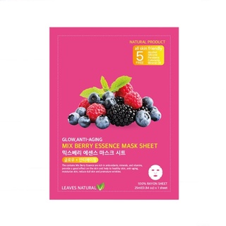 [1 แผ่น] มาส์กหน้า มิกเบอร์รี่ ให้ผิวใส ฉ่ำวาว ต่อต้านริ้วรอยก่อนวัย LEAVES NATURAL MIX BERRY ESSENCE MASK SHEET 25ML.