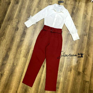 พร้อมส่ง💭S0303 Feather Shirt with Red Pants Co ord💬 setshowroom