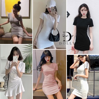 มินิเดรสเกาหลี เดรสเอวต่ำ ทรงเข้ารูป สีทึบ