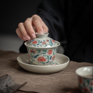 ชุดถ้วยชาเซรามิค ลาย Sancai Gaiwan Kung Fu สีฟ้า สีขาว พร้อมกล่องของขวัญ ของใช้ในครัวเรือน