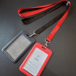 สายคล้องบัตร ไนลอนสีแดง/สีดำ เนื้อมันเงา พร้อมกรอบใส่บัตรครบชุด Taladcard