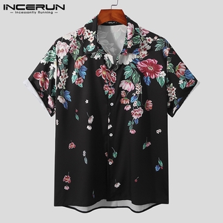 Incerun เสื้อเชิ้ตสําหรับผู้ชายแขนสั้นพิมพ์ลายดอกไม้สไตล์วินเทจ